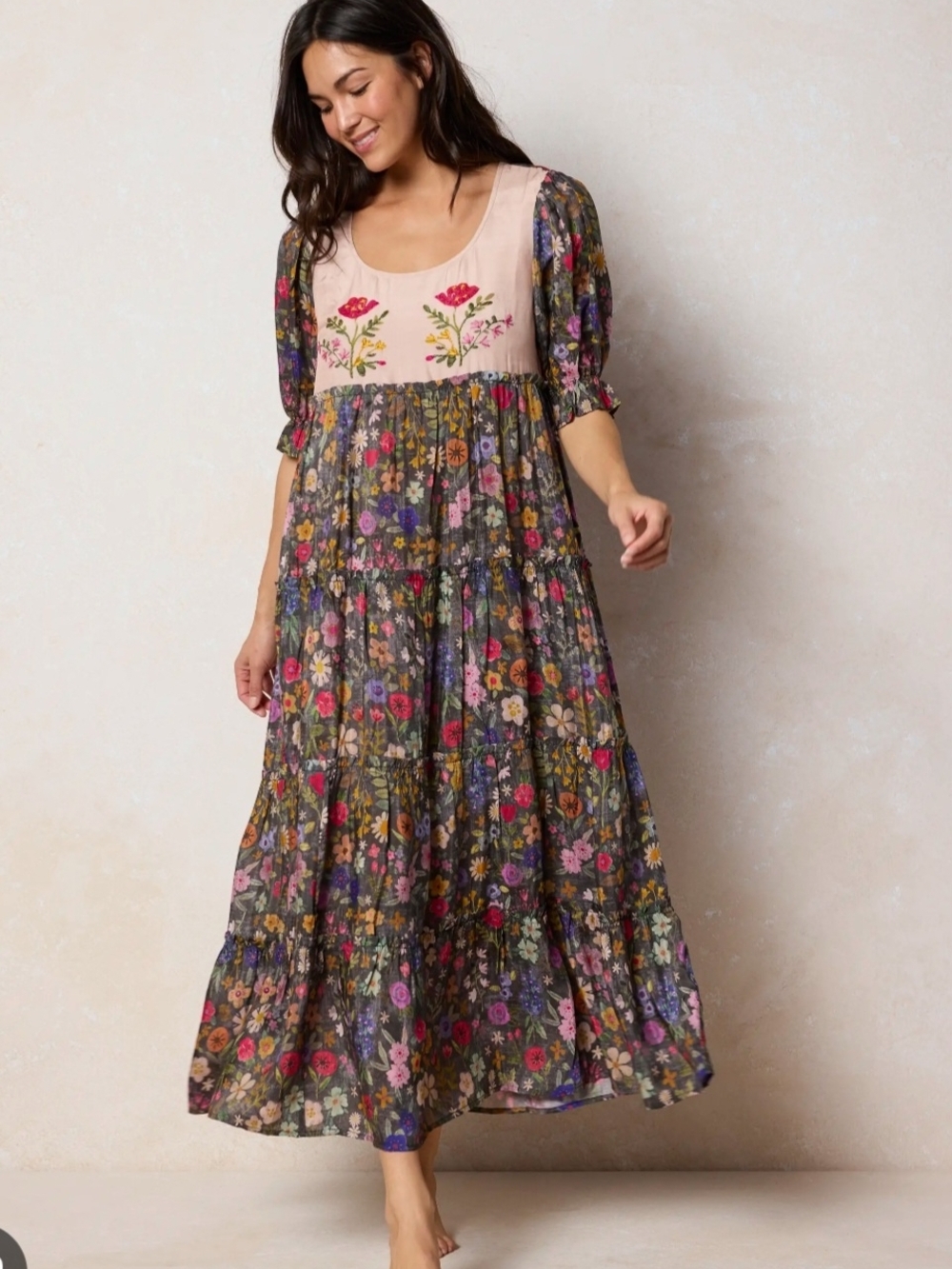 NATURAL LIFE Pink Embroidered Yoke Floral Maxi Dress